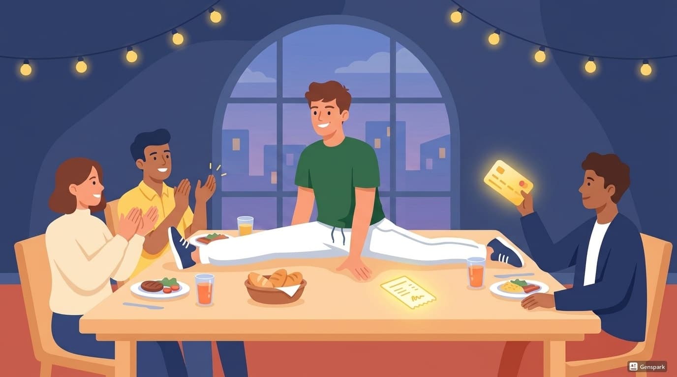 Friends at a dinner table cheering as one does the splits over the bill while another pays by card